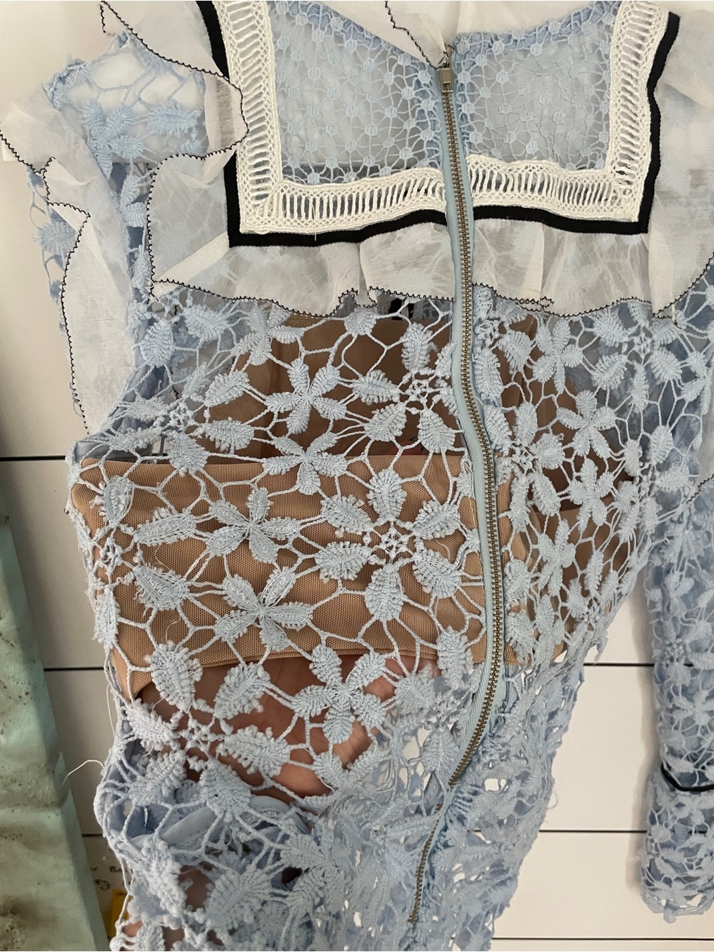 Self-Portrait Blue Lace Floral High-Neck Blouse with Contrast Bib - Picture 6 of 6